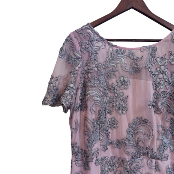 JS Collections Pink and Silver Embroidered Floral Lace Short Sleeve A-line Gown - Picture 9 of 12